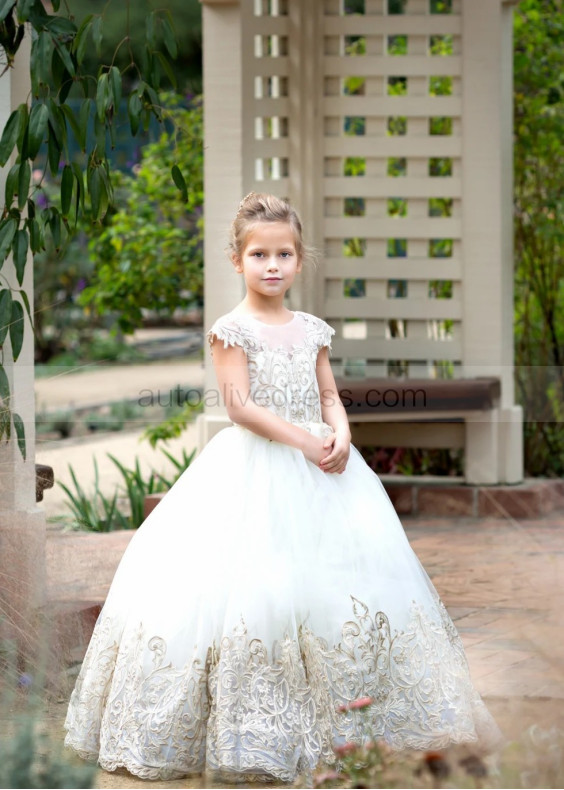 Cap Sleeves Gold Lace White Tulle V Back Flower Girl Dress